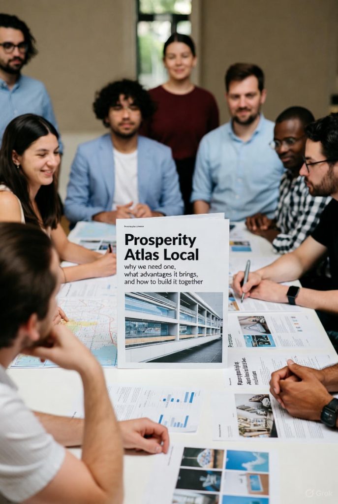 Mapa conceptual con indicadores de energía, agua, conectividad y talento que ilustran cómo un Prosperity Atlas Local integra datos y gobernanza para planear inversiones regionales.